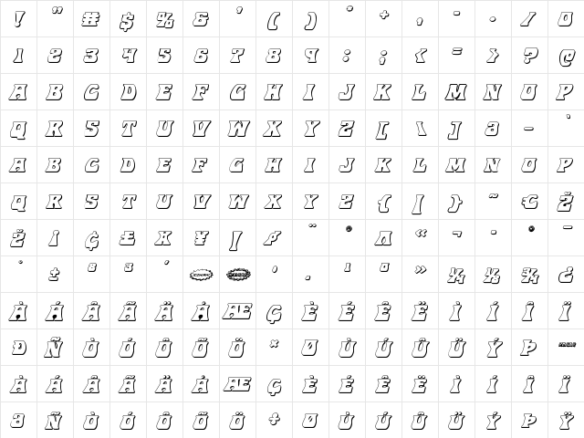 Hip Pocket 3D Italic Italic  glyph index