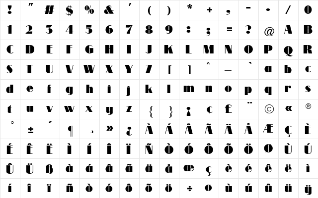 Modernique CG Regular  glyph index
