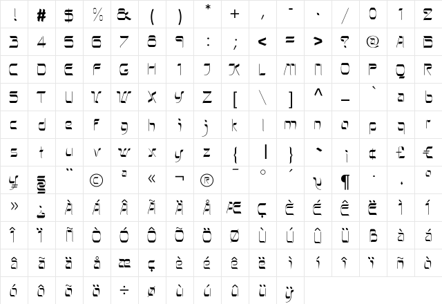 HebrewLatino Light Regular  glyph index