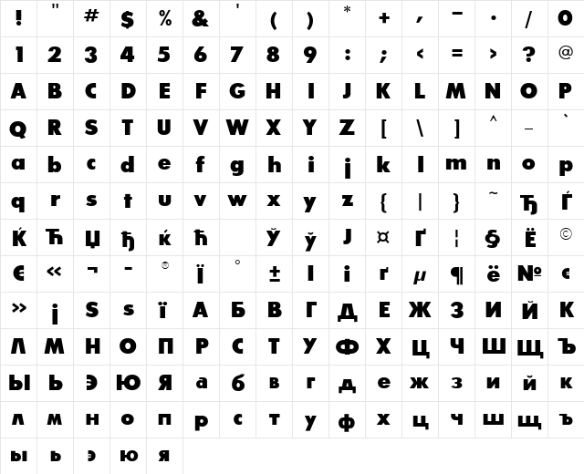 Glasnost Extra Bold  glyph index