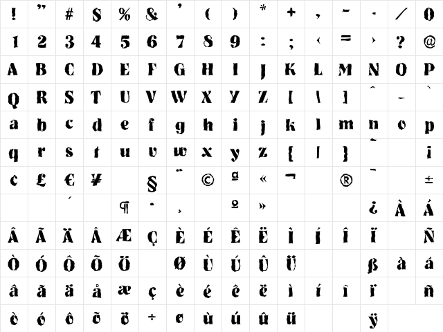 NashvilleRandom-Xbold Regular  glyph index