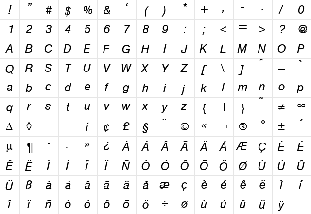 Hegel RegularItalic  glyph index