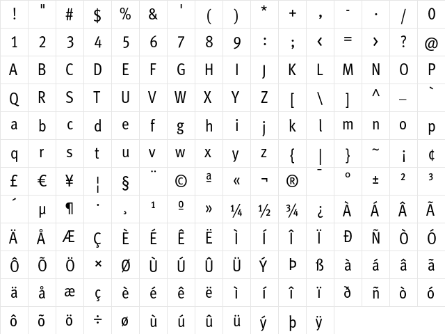 MetaCondBookLF Roman  glyph index