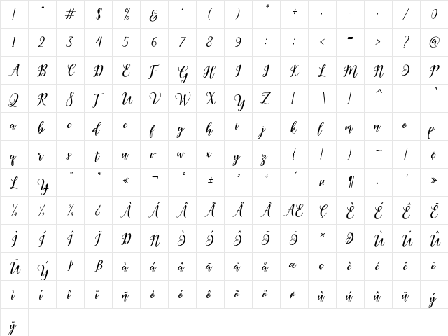 Madelina Bold Regular  glyph index