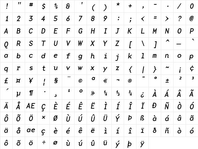 BaseMono WideRegItalic  glyph index