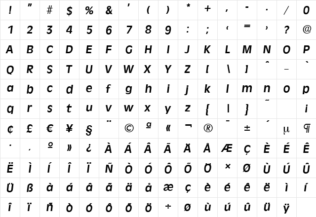 RavennaSerial BoldItalic  glyph index