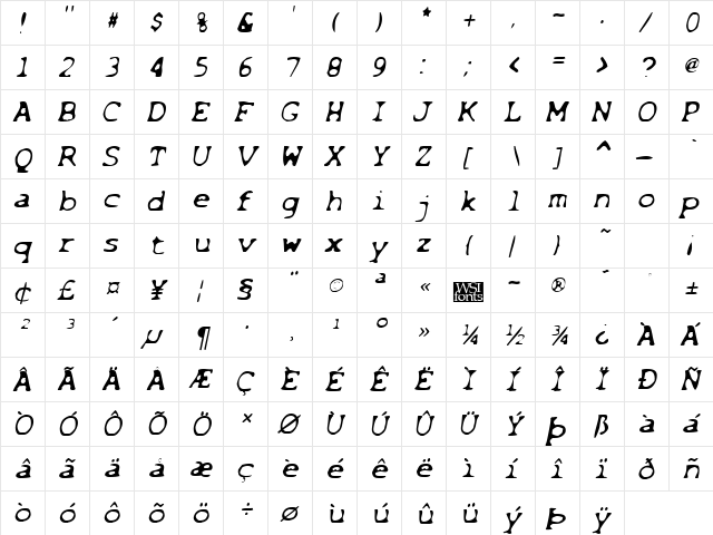 BleachedLight Italic  glyph index