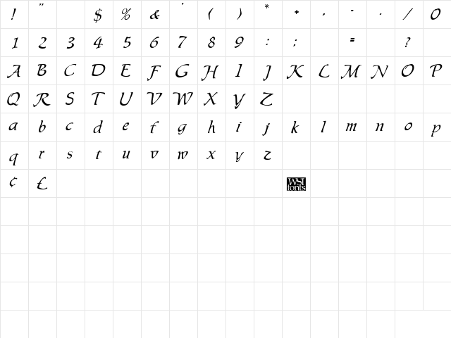 LeisureCaligraphic Regular  glyph index