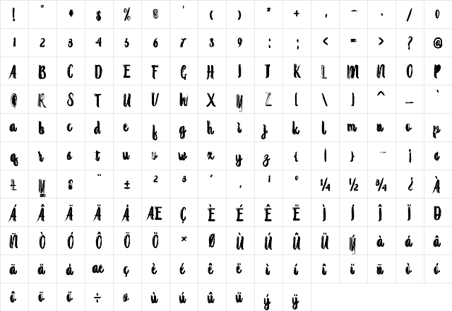 Randoem Brush Regular  glyph index
