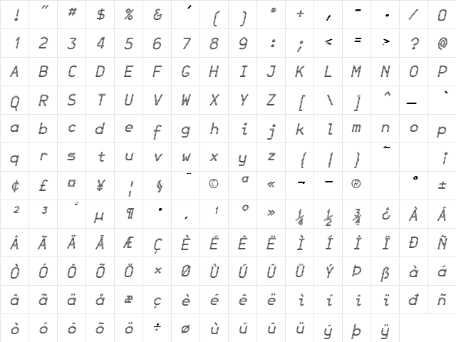 JetJanBoldItalicGray Regular  glyph index