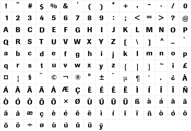 Berthold Imago BQ Regular  glyph index