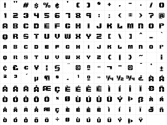 Screwed AOE Regular  glyph index