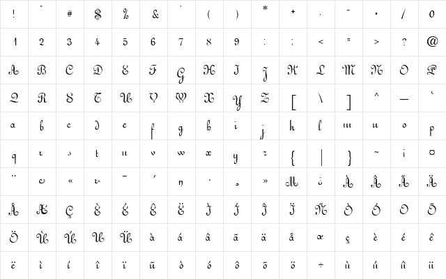 ArabescoScript Regular  glyph index