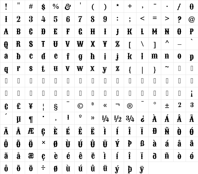 Sancreek Regular  glyph index