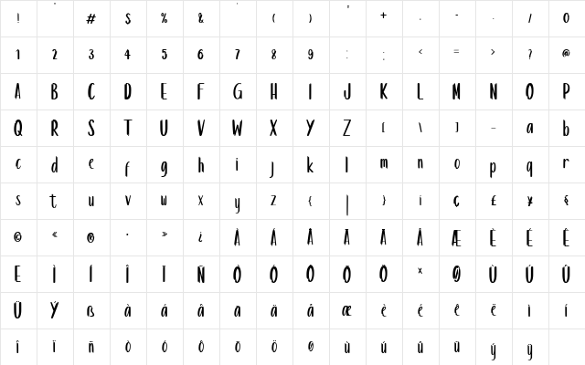 Kinderjoe Regular  glyph index