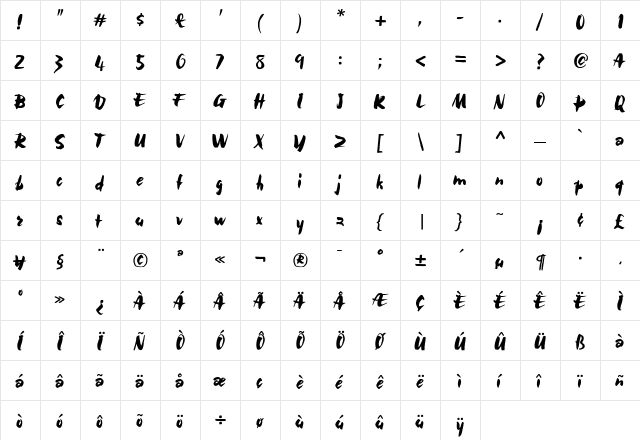 BolideScript Bold  glyph index