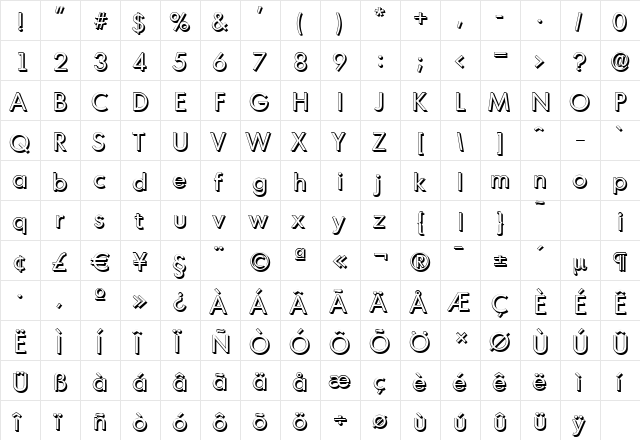 MontrealShadow Regular  glyph index