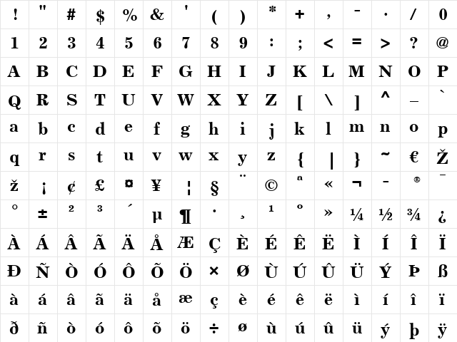 Excelsior LT Bold  glyph index