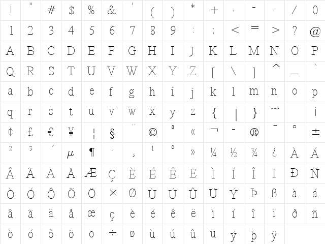 Revelation BTN Lt Regular  glyph index