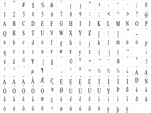 Duke Thin Normal  glyph index