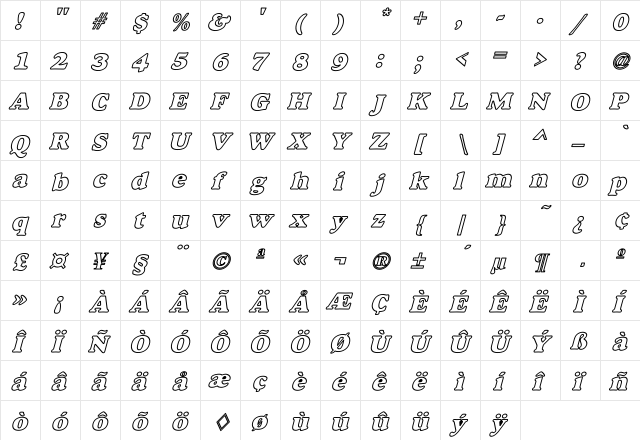 Alexuss Heavy Hollow W_BI Bold Italic  glyph index