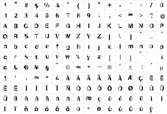 Kenzotiqua Regular  glyph index