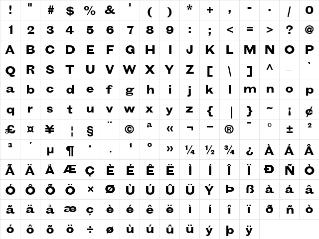 GrotesqueMT-Extended Bold  glyph index