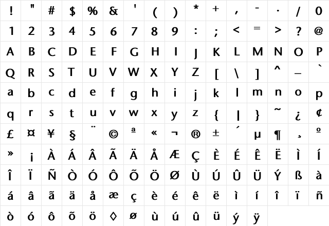 Pondeur Bold  glyph index