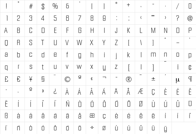 SeanBecker-ExtraLight Regular  glyph index