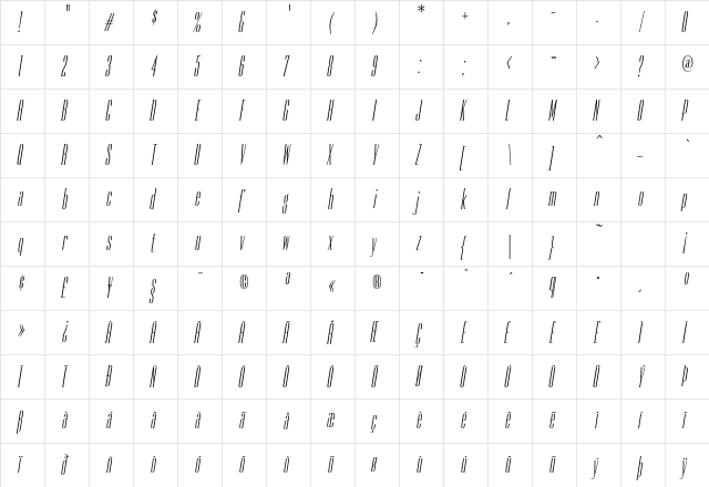 Bureau Empire FB Italic  glyph index