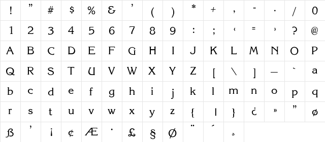 Korina-Light Regular  glyph index