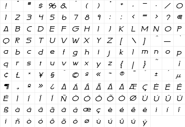 Persia Wide Italic  glyph index