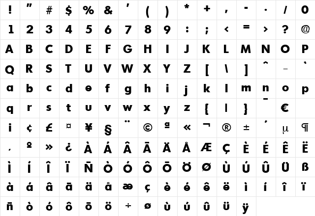 Montreal-Bold Regular  glyph index