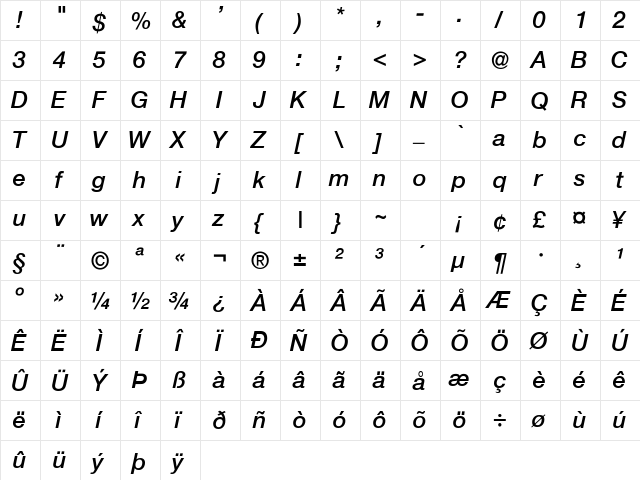 Helvetica-MediumItalic Regular  glyph index