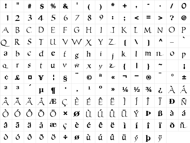 EricBrush21 Bold  glyph index