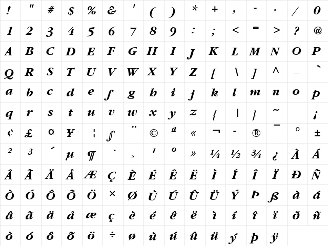 Gourmand Bold Italic  glyph index