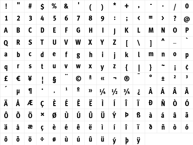 MetaCondExtraBoldLF Roman  glyph index