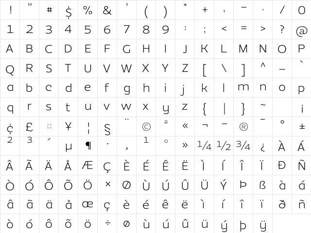 EzzoLightAlt Regular  glyph index