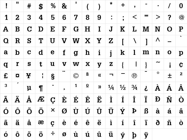 Glypha65 Bold  glyph index