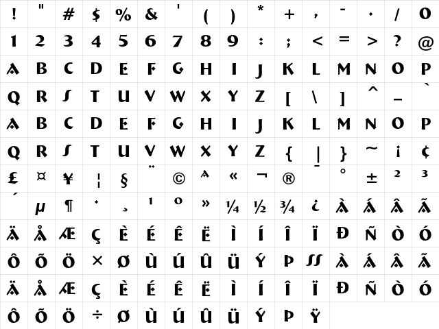 Bremen Bold  glyph index