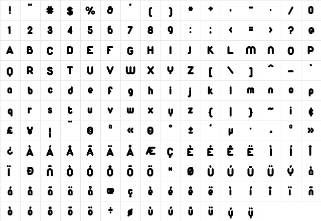 Duepuntozero Black Regular  glyph index