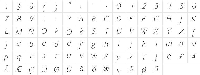 Enzia Thin Italic  glyph index