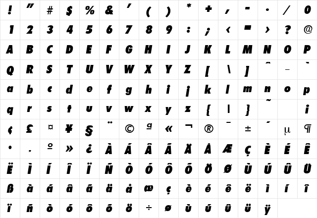 LimerickCond-Serial-Heavy RegularItalic  glyph index