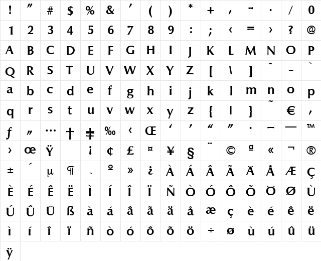 Columbia-DemiBold Regular  glyph index