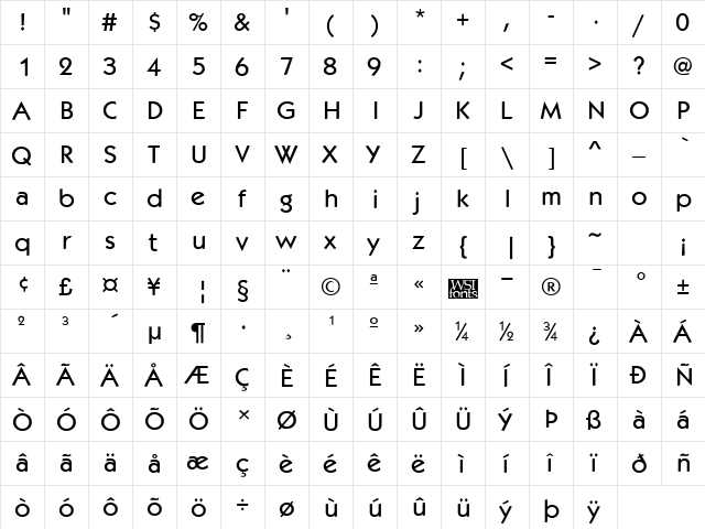 Kabob Regular  glyph index