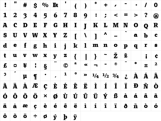 PageSerifTF-Bold Regular  glyph index
