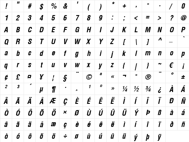 Helvetica LT Condensed Bold Italic  glyph index