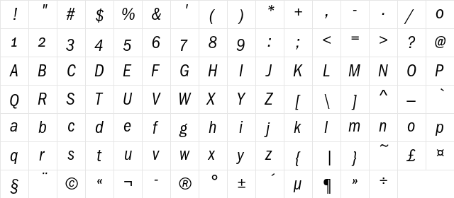FranklinGothicBookCondOSC Italic  glyph index