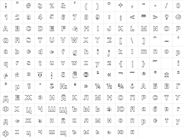 Cyrvetica Extra Outline Normal  glyph index