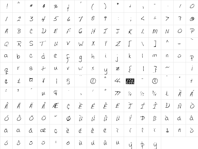 CodysHand Regular  glyph index